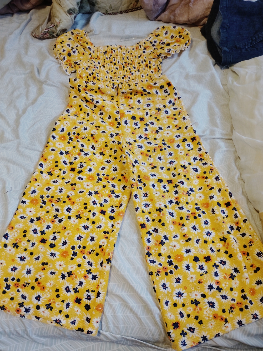 Speechless Yellow Floral Wide-Leg Jumpsuit with Puff Sleeves